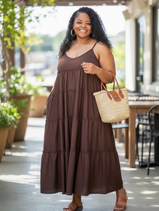 Zenana Outfitters Dresses & Skirts - Zenana Women's Plus Size Brown Tiered Maxi Dress With Pockets